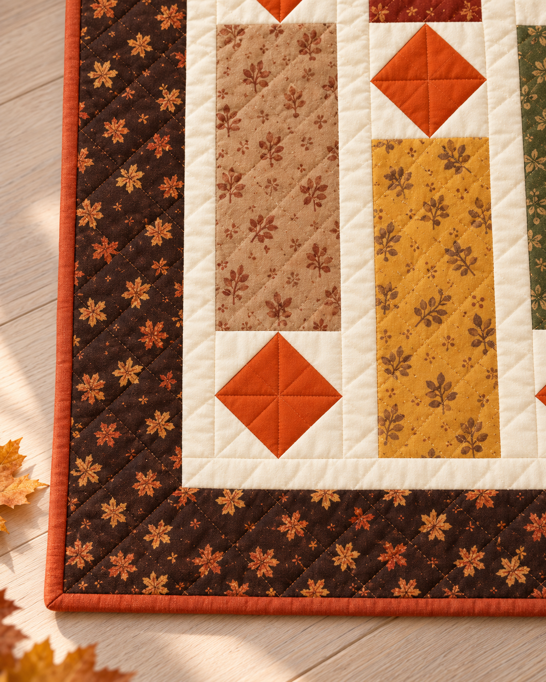 Close-up of the quilt corner with a dark brown floral outer border, cream inner border and orange binding
