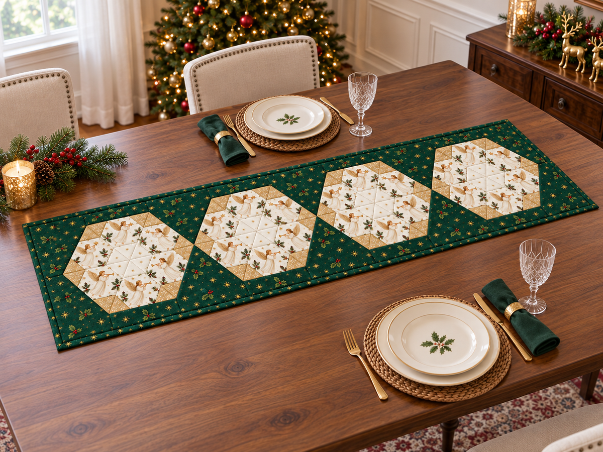 Heavenly Noel Christmas table runner with four angel medallions on an elegant walnut dining table