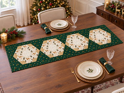 Heavenly Noel Christmas table runner with four angel medallions on an elegant walnut dining table