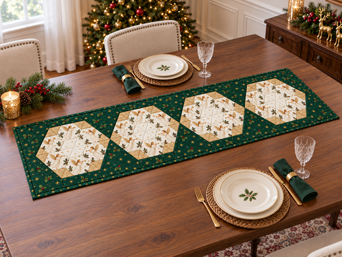 Heavenly Noel Christmas table runner with four angel medallions on an elegant walnut dining table