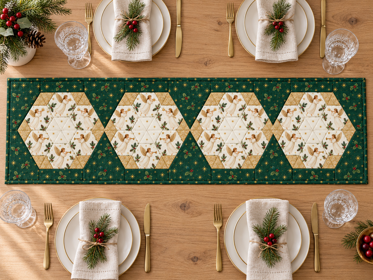 Overhead view of the complete evergreen, ivory and gold Heavenly Noel Christmas table runner