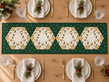 Overhead view of the complete evergreen, ivory and gold Heavenly Noel Christmas table runner