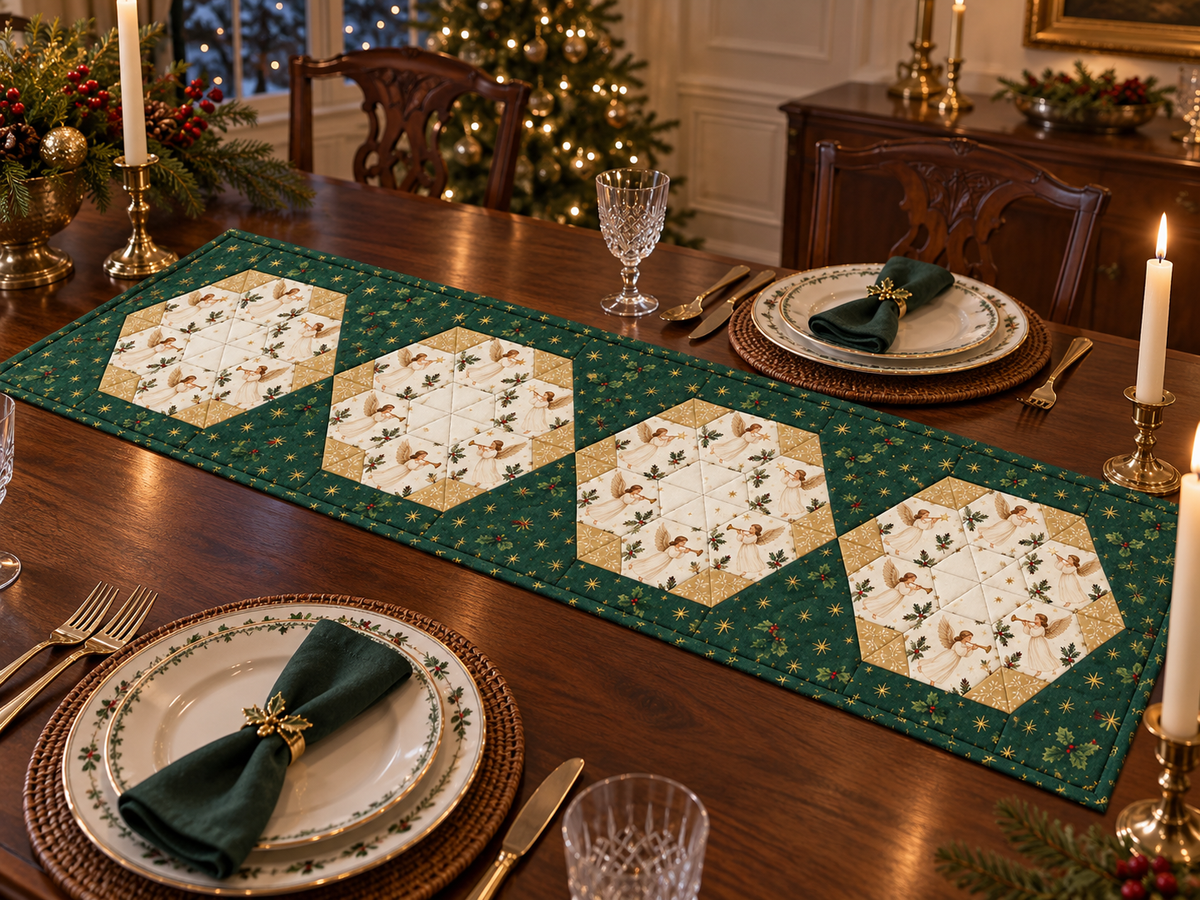 Heavenly Noel Christmas table runner on a warmly lit walnut holiday dinner table