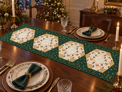 Heavenly Noel Christmas table runner on a warmly lit walnut holiday dinner table