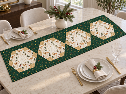 Heavenly Noel Christmas angel patchwork table runner on a modern marble dining table