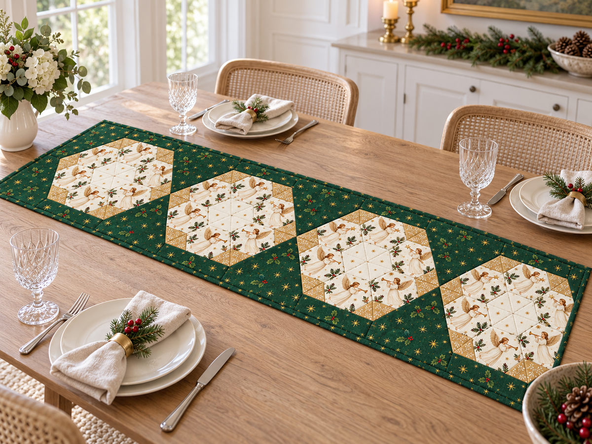 Evergreen and gold angel Christmas table runner in a bright coastal-style dining room