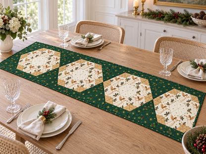 Evergreen and gold angel Christmas table runner in a bright coastal-style dining room