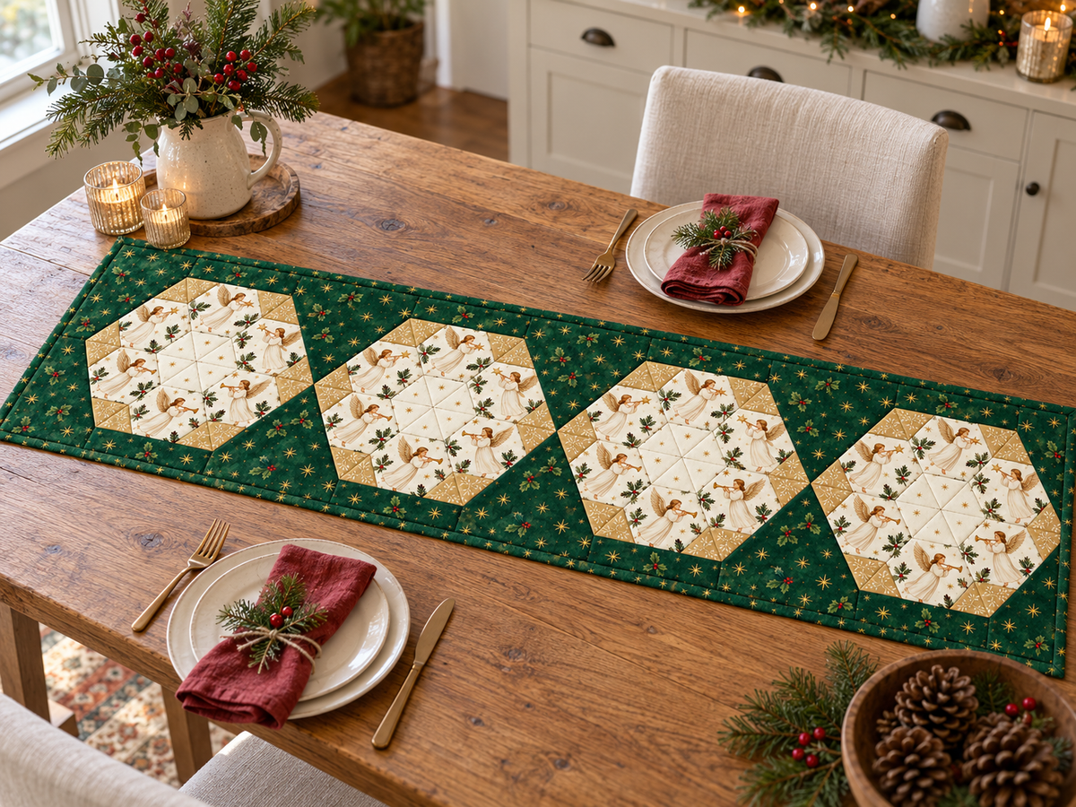 Heavenly Noel Christmas table runner styled on a refined farmhouse dining table