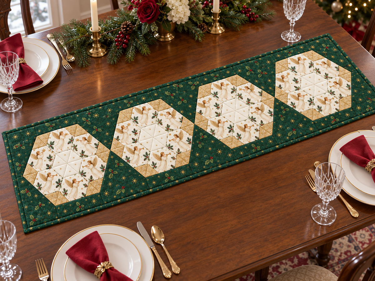 Angel-print Christmas table runner with ivory dinnerware for a festive luncheon