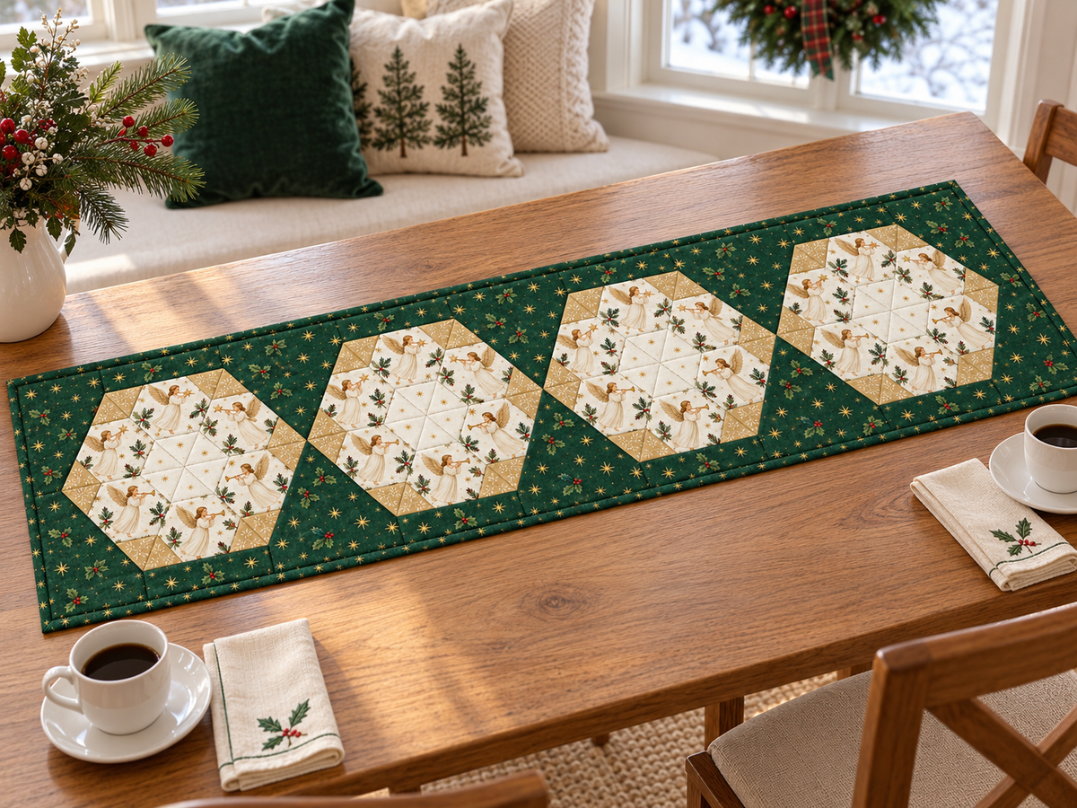 Evergreen angel-print patchwork runner in an American breakfast nook
