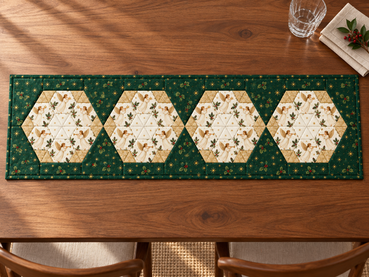 Complete Heavenly Noel angel table runner laid flat on a minimal walnut table