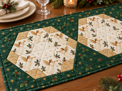 Close-up of an ivory angel-print hexagonal medallion and pieced star center
