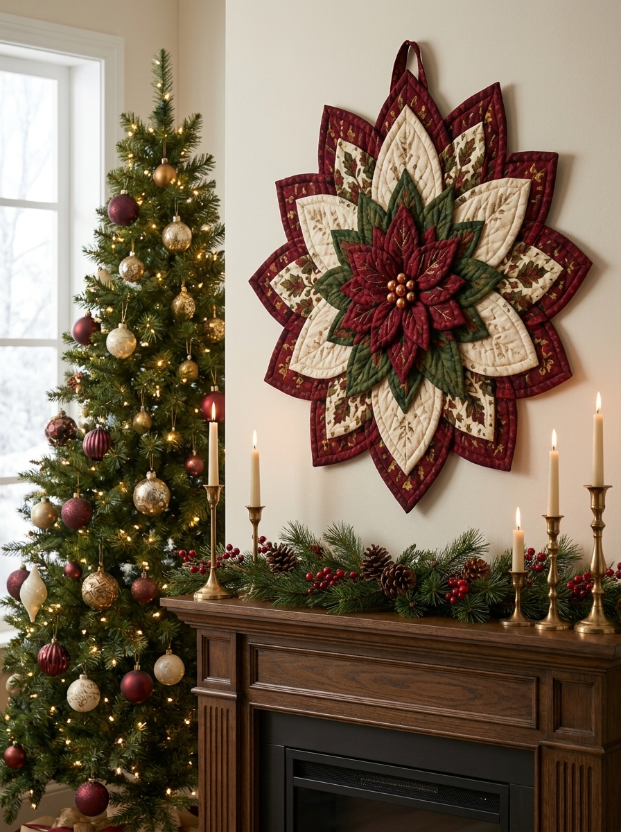Poinsettia Star Christmas Quilt Pattern PDF