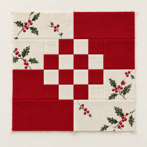 Holly Belle red and ivory Christmas quilt block — clean catalog; AI-generated fabric inspiration