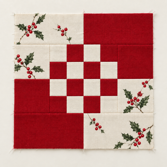 Holly Belle red and ivory Christmas quilt block — clean catalog; AI-generated fabric inspiration