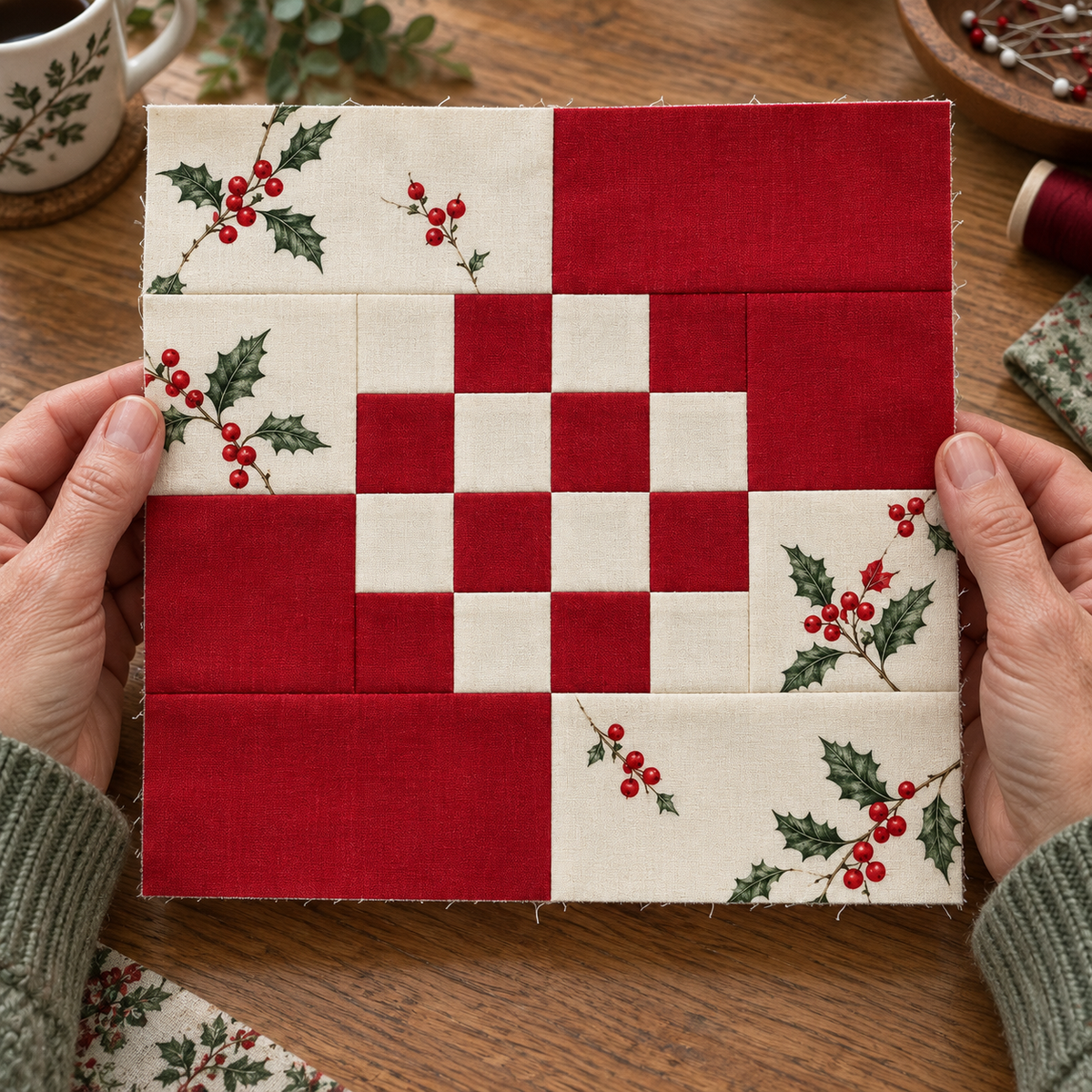 Holly Belle red and ivory Christmas quilt block — hands close; AI-generated fabric inspiration