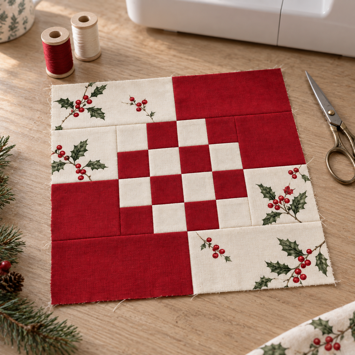 Holly Belle red and ivory Christmas quilt block — sewing table; AI-generated fabric inspiration