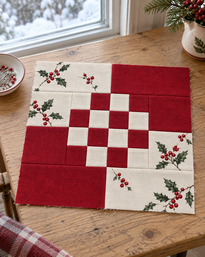 Holly Belle red and ivory Christmas quilt block — window morning; AI-generated fabric inspiration