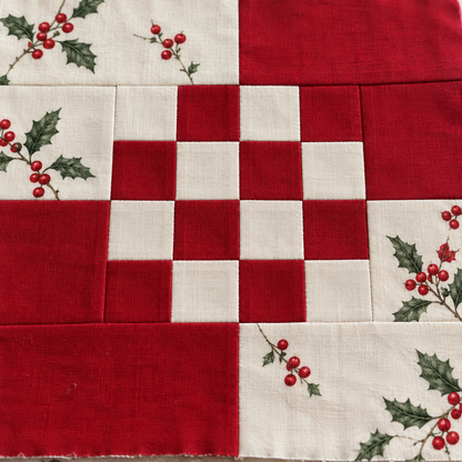 Holly Belle red and ivory Christmas quilt block — checkerboard macro; AI-generated fabric inspiration