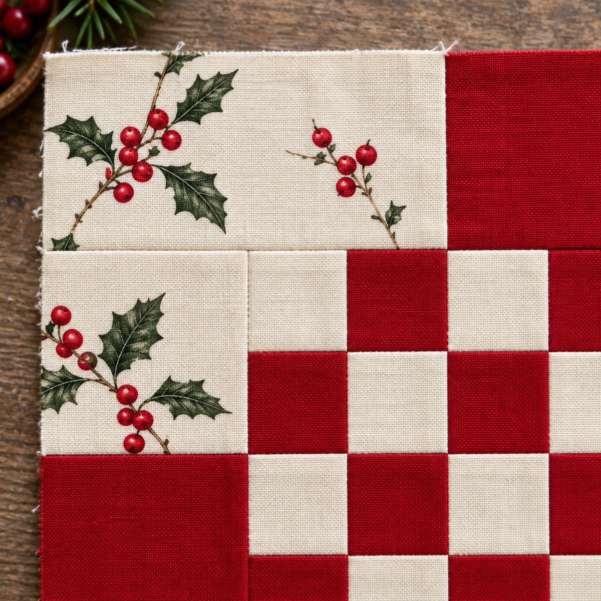 Holly Belle red and ivory Christmas quilt block — holly detail; AI-generated fabric inspiration