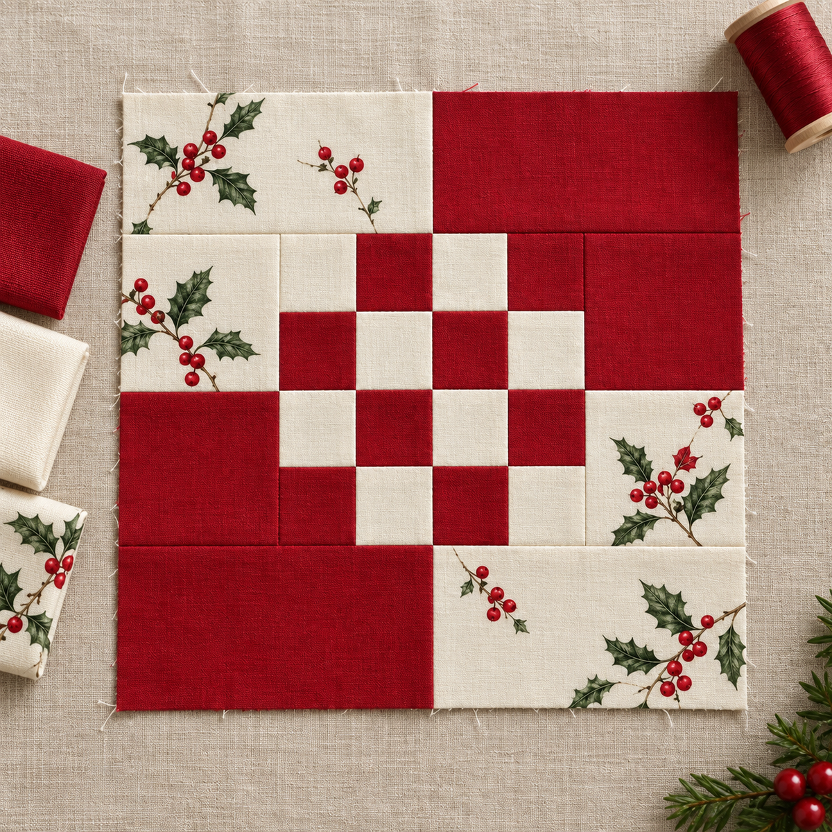 Holly Belle red and ivory Christmas quilt block — material story; AI-generated fabric inspiration