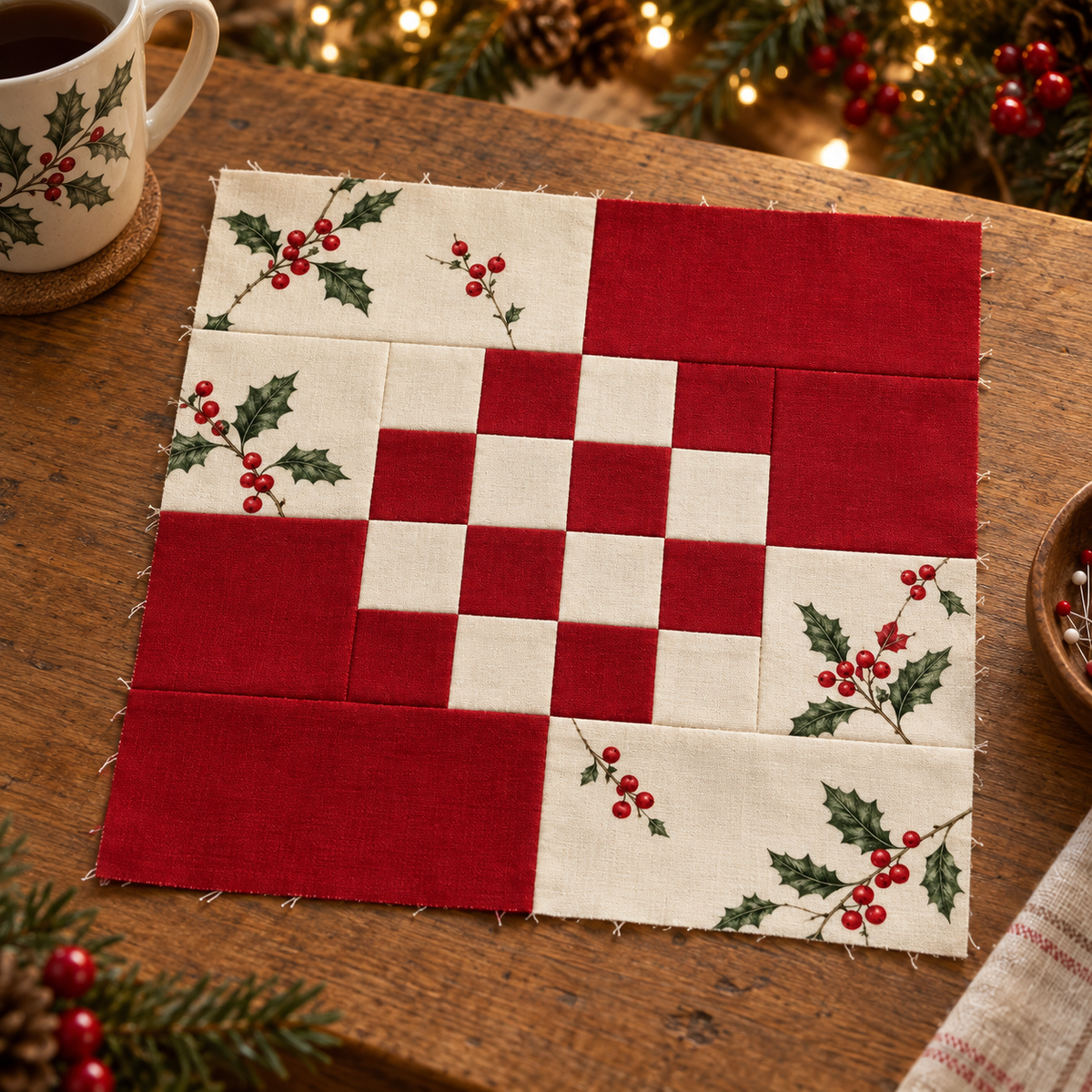 Holly Belle red and ivory Christmas quilt block — cozy evening; AI-generated fabric inspiration