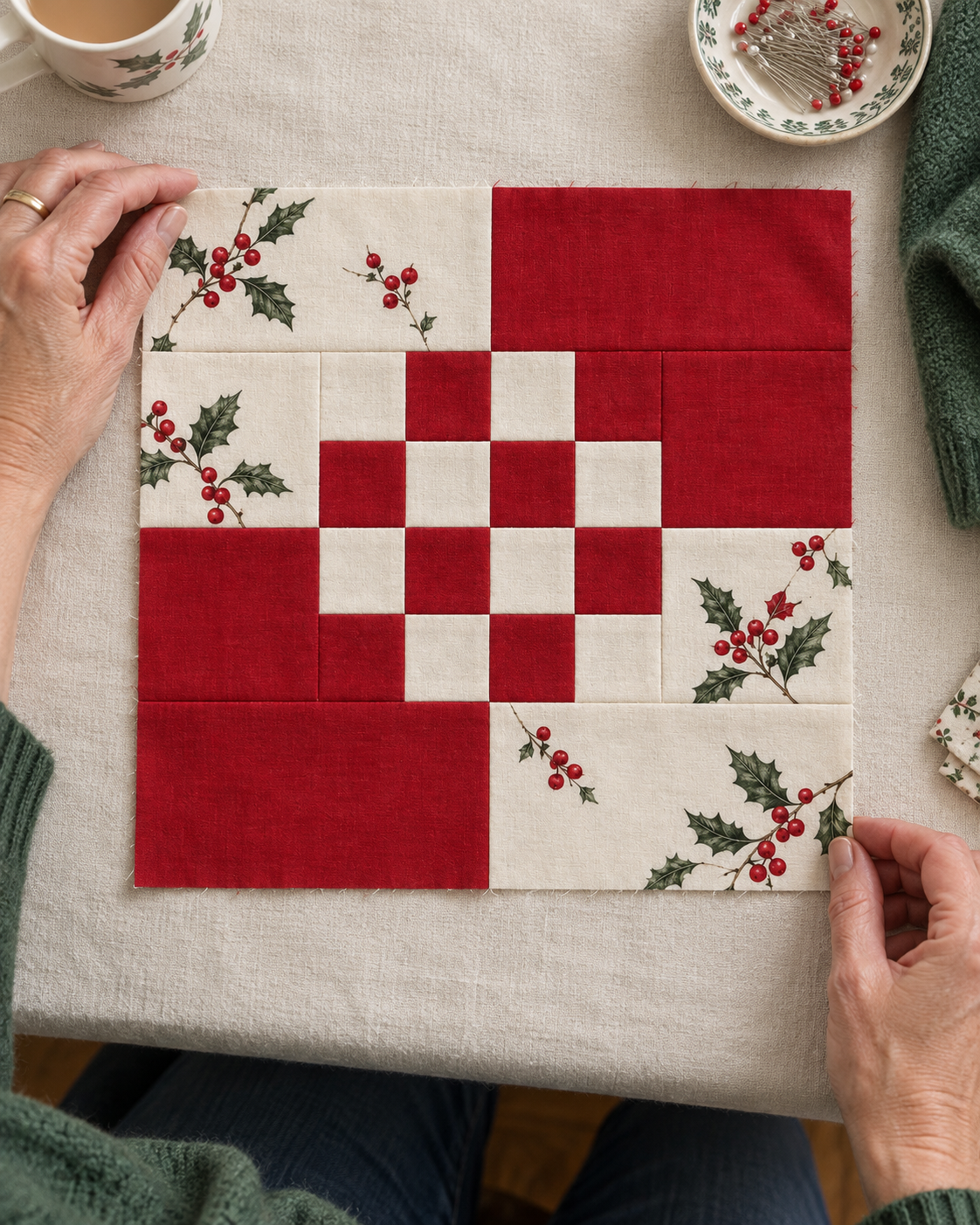 Holly Belle red and ivory Christmas quilt block — overhead maker; AI-generated fabric inspiration
