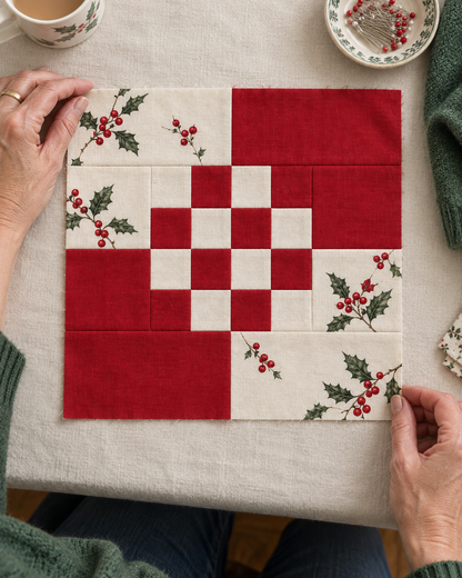Holly Belle red and ivory Christmas quilt block — overhead maker; AI-generated fabric inspiration