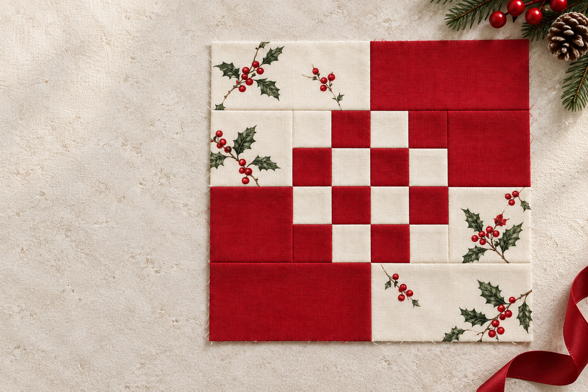 Holly Belle red and ivory Christmas quilt block — editorial banner; AI-generated fabric inspiration