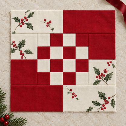 Holly Belle Christmas quilt block in red and ivory with printed holly fabric and a 16-square checkerboard center — illustrative rendering