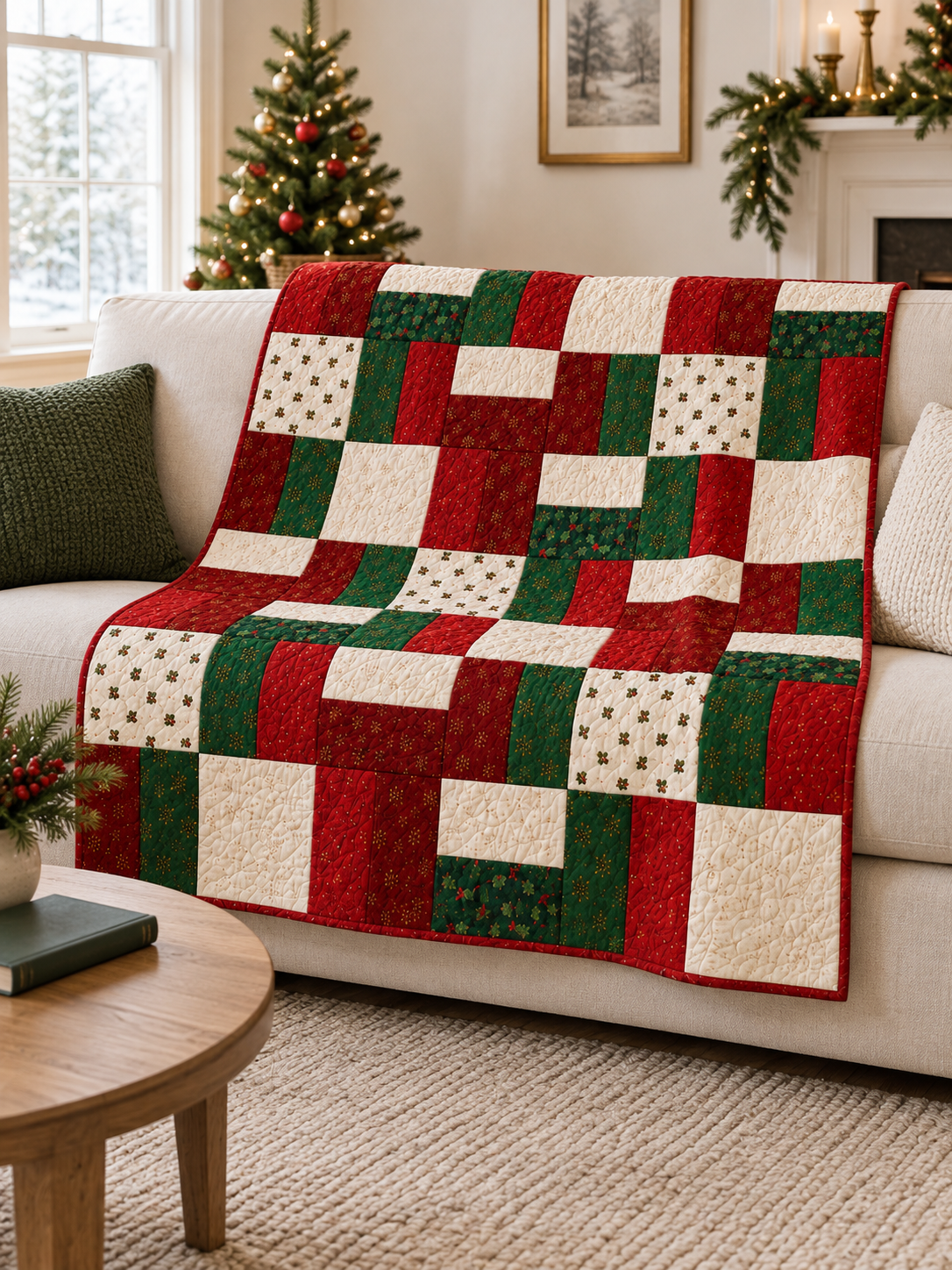 Holly Hearth Christmas quilt draped over a cream sofa