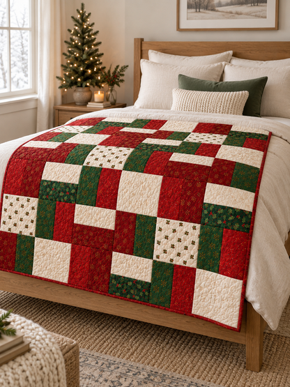 Holly Hearth patchwork quilt across an ivory bed