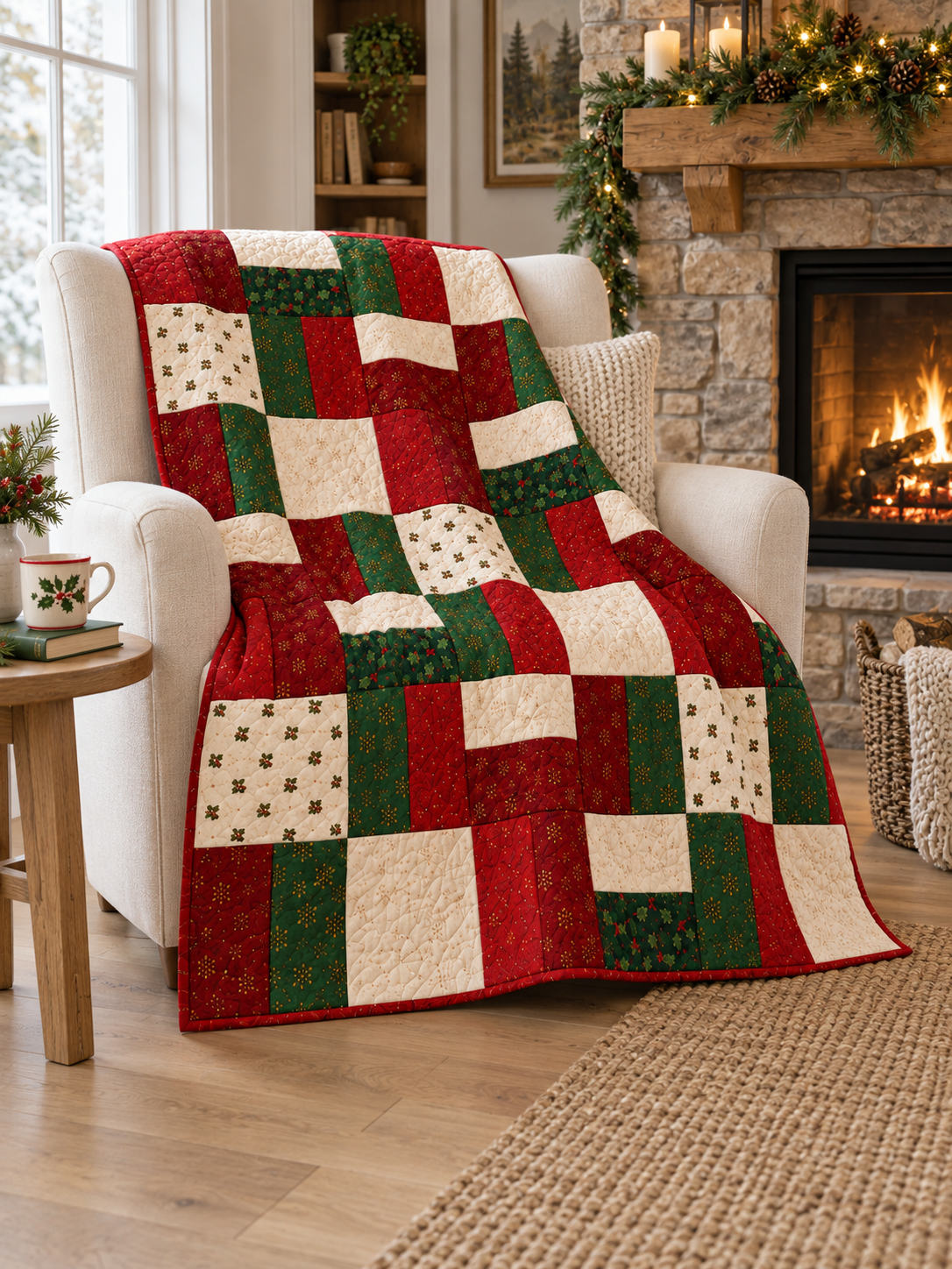 Holly Hearth quilt on an armchair beside a fireplace