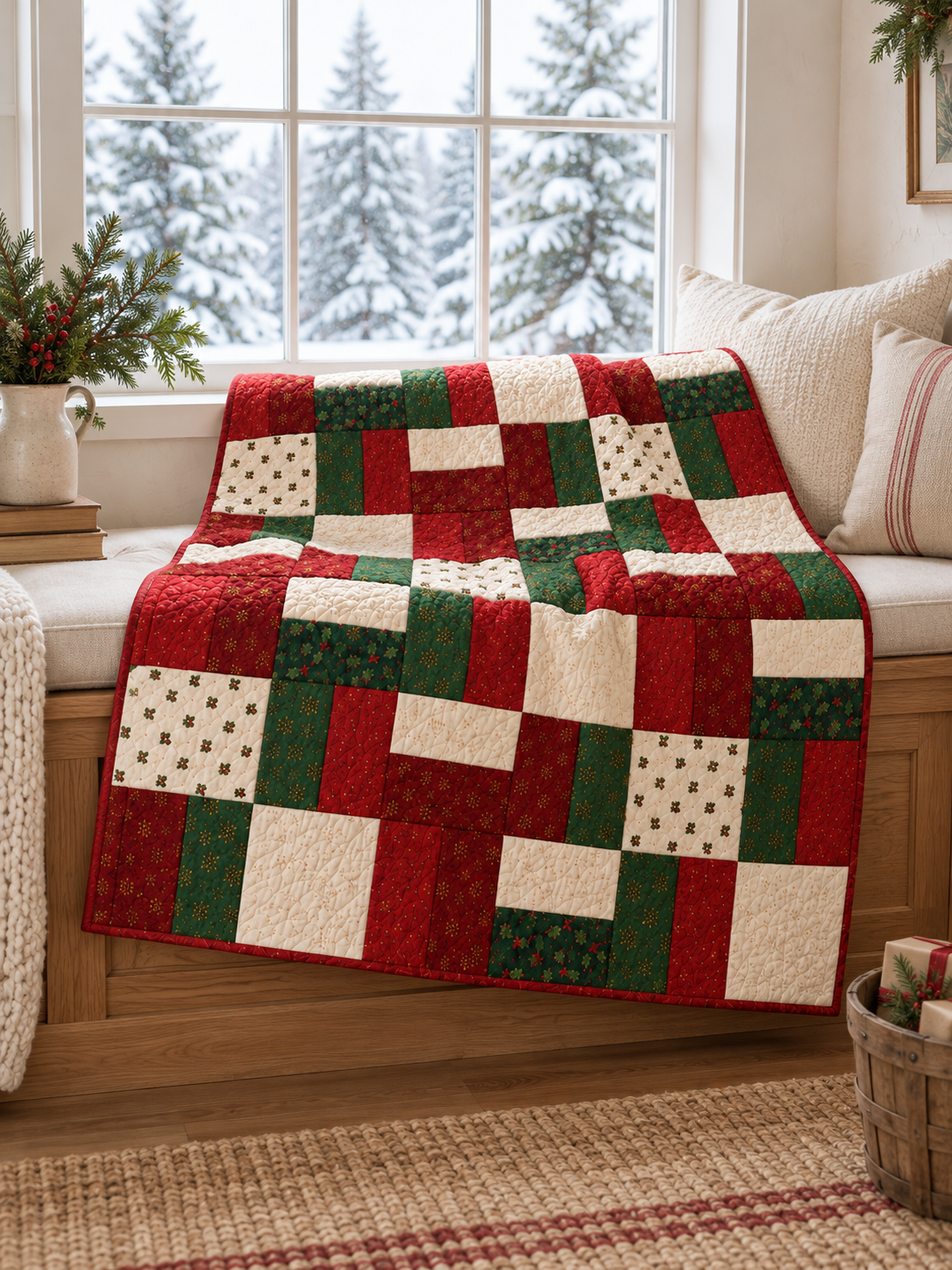 Holly Hearth quilt on a window bench with snowy trees outside