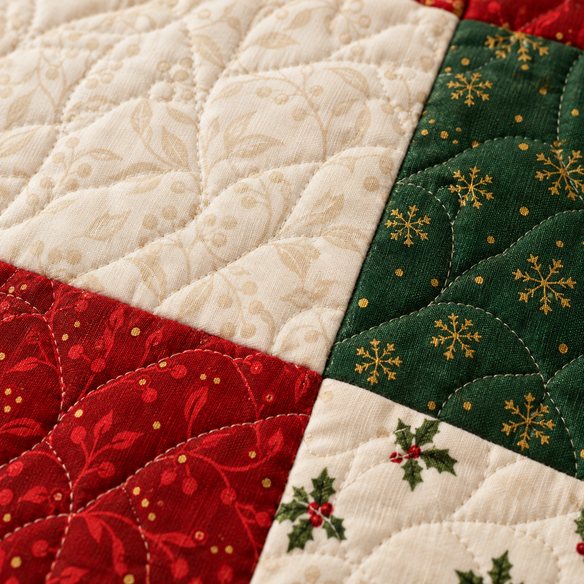 Close-up of Holly Hearth red, green and cream fabrics and quilting stitches
