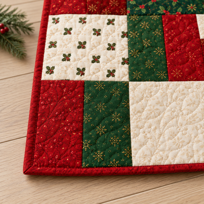 Holly Hearth quilt corner with narrow red binding
