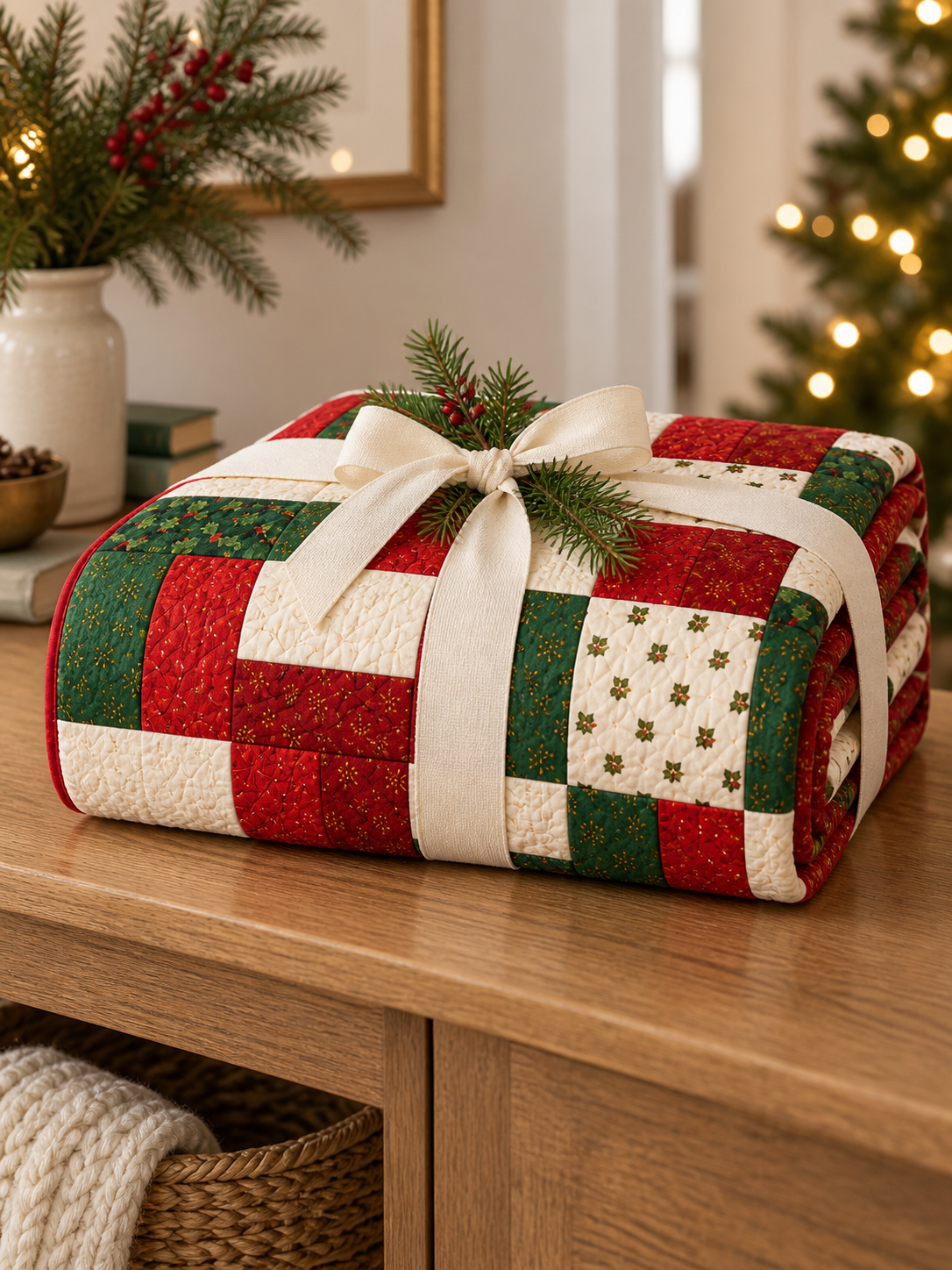 Holly Hearth quilt folded with an ivory gift ribbon