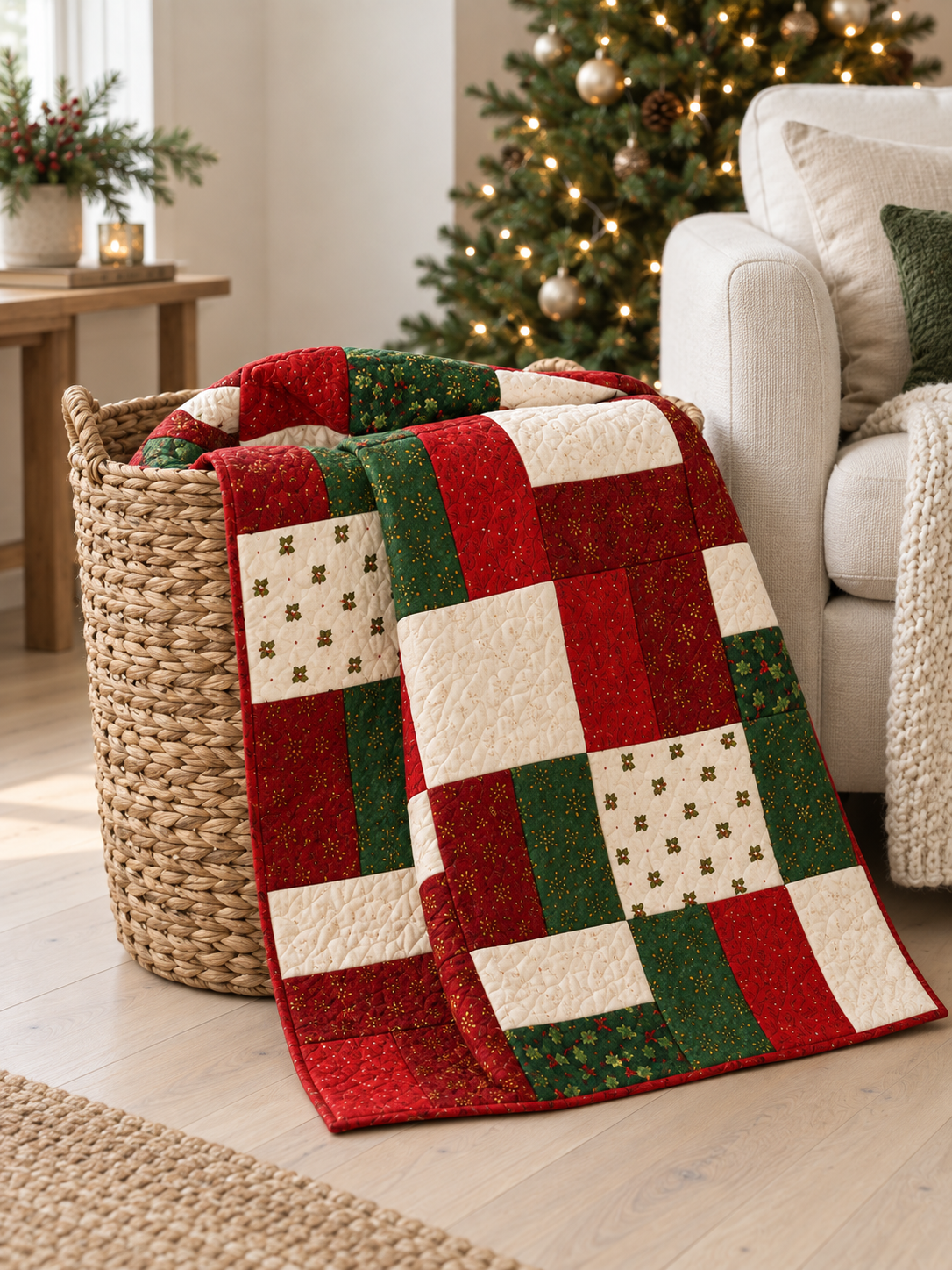 Holly Hearth quilt draped from a woven basket