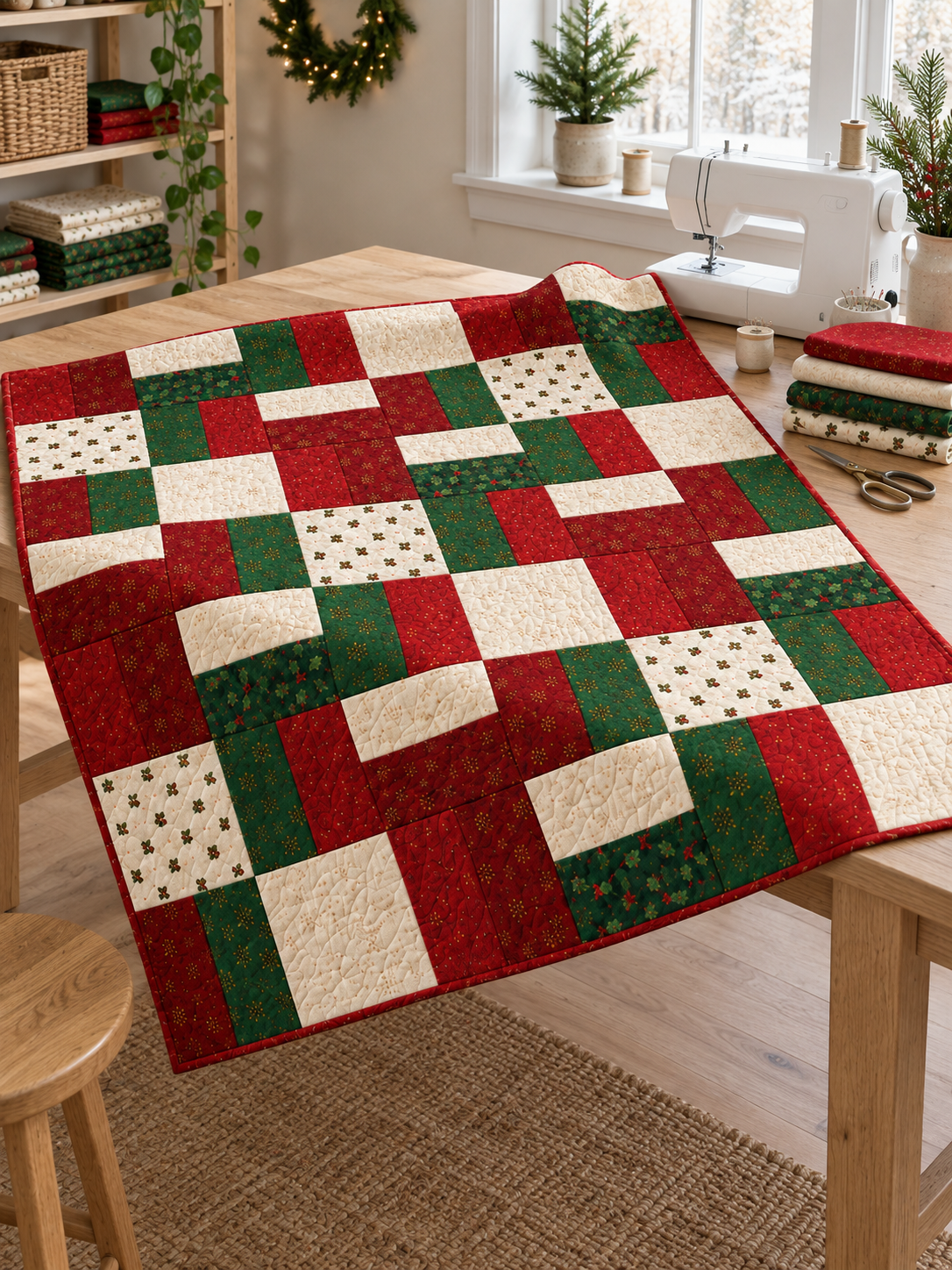 Holly Hearth quilt on a sewing table with coordinating fabrics