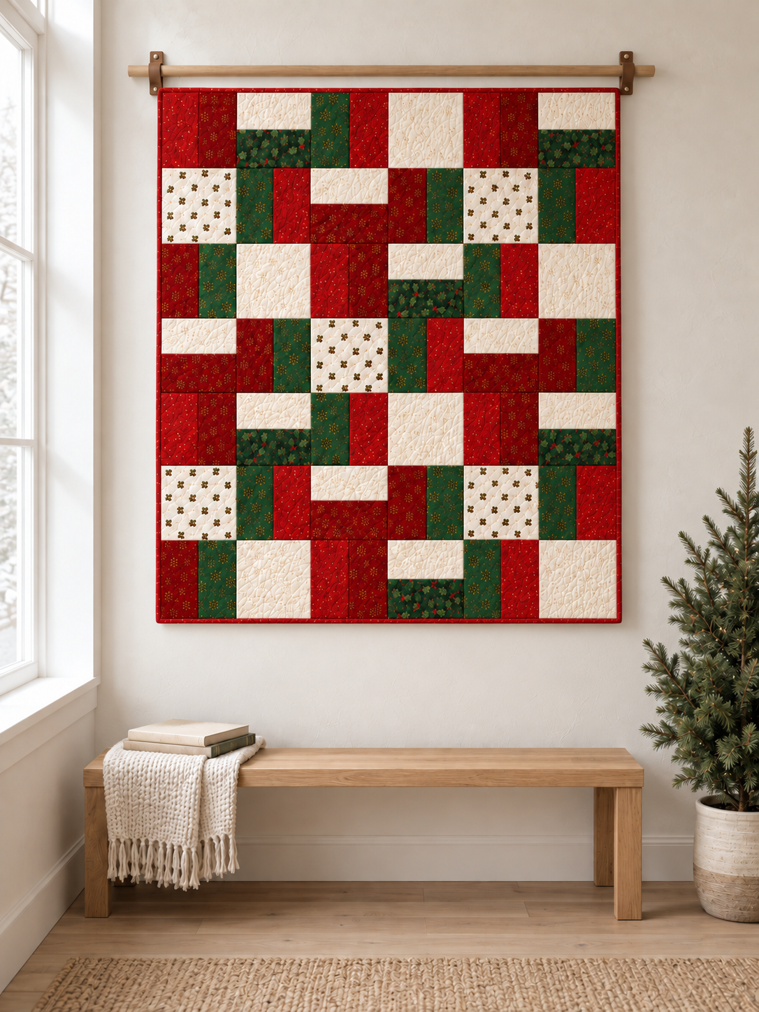Full Holly Hearth patchwork quilt hanging above an oak bench
