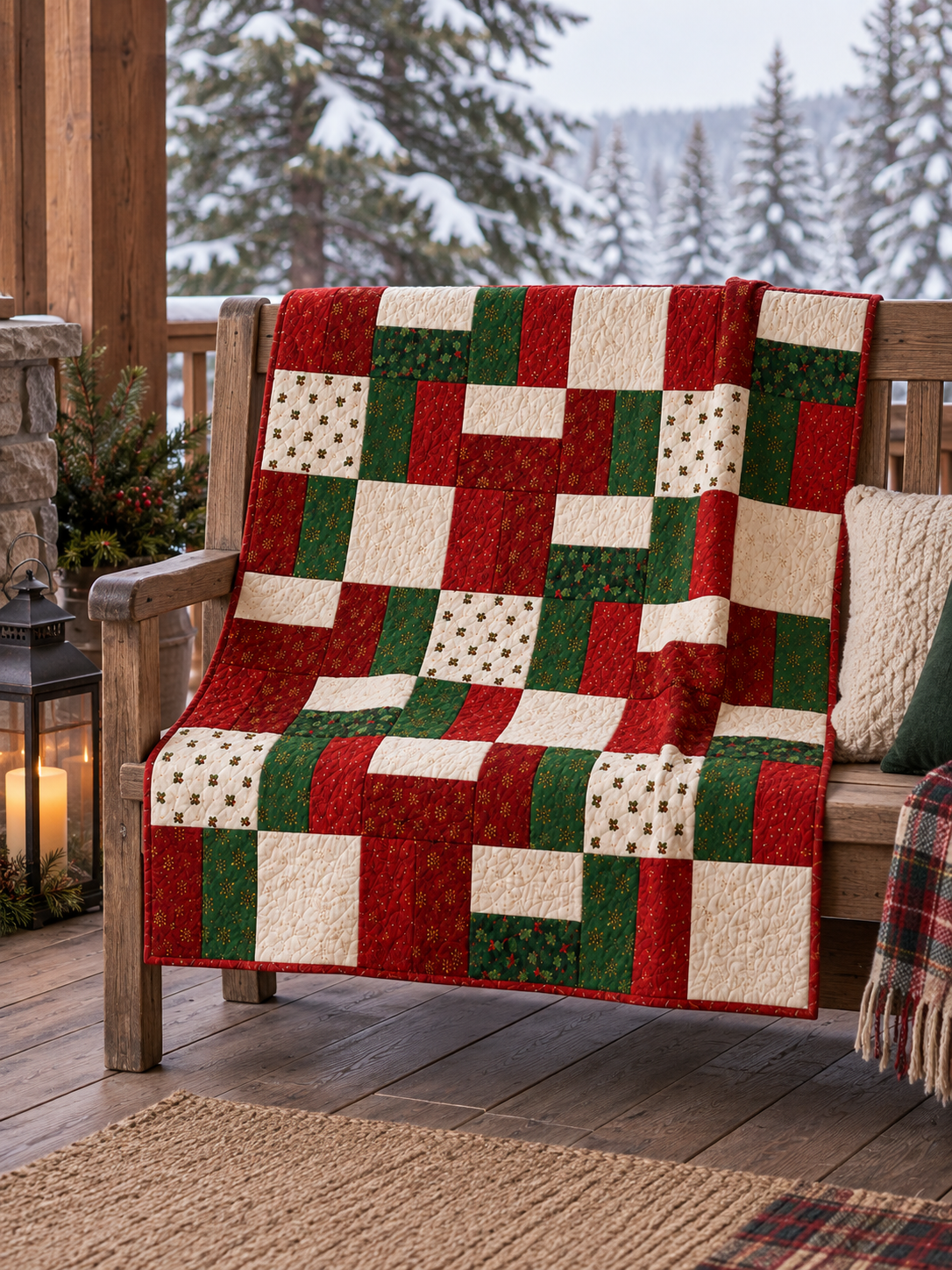 Holly Hearth Christmas quilt on a sheltered winter cabin bench