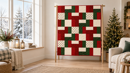 Wide Christmas room scene with Holly Hearth quilt displayed on a wooden rack