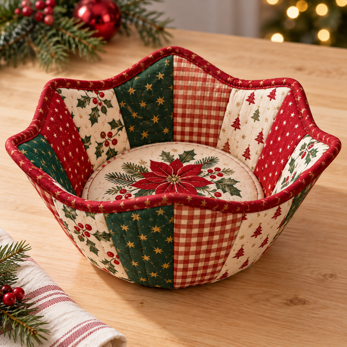 Holly Hearth quilted Christmas bowl cozy in red, evergreen and ivory patchwork with a softly shaped bound rim