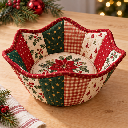 Holly Hearth quilted Christmas bowl cozy in red, evergreen and ivory patchwork with a softly shaped bound rim