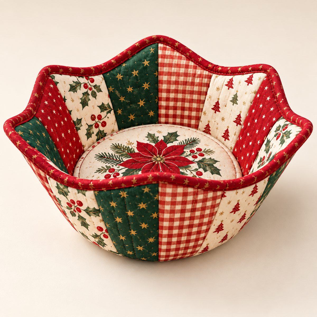 Holly Hearth Christmas bowl cozy on a clean ivory background