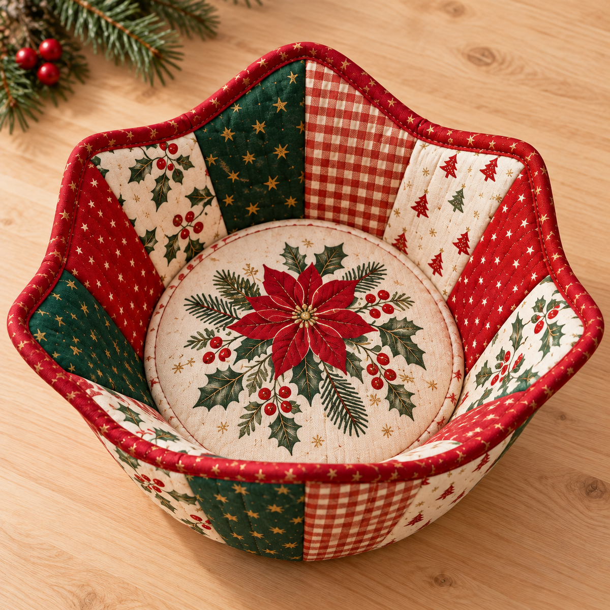 Elevated view of the Holly Hearth bowl cozy showing the Christmas flower print and patchwork lining