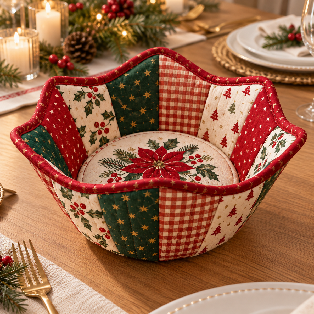 Holly Hearth Christmas bowl cozy styled on an elegant holiday dining table