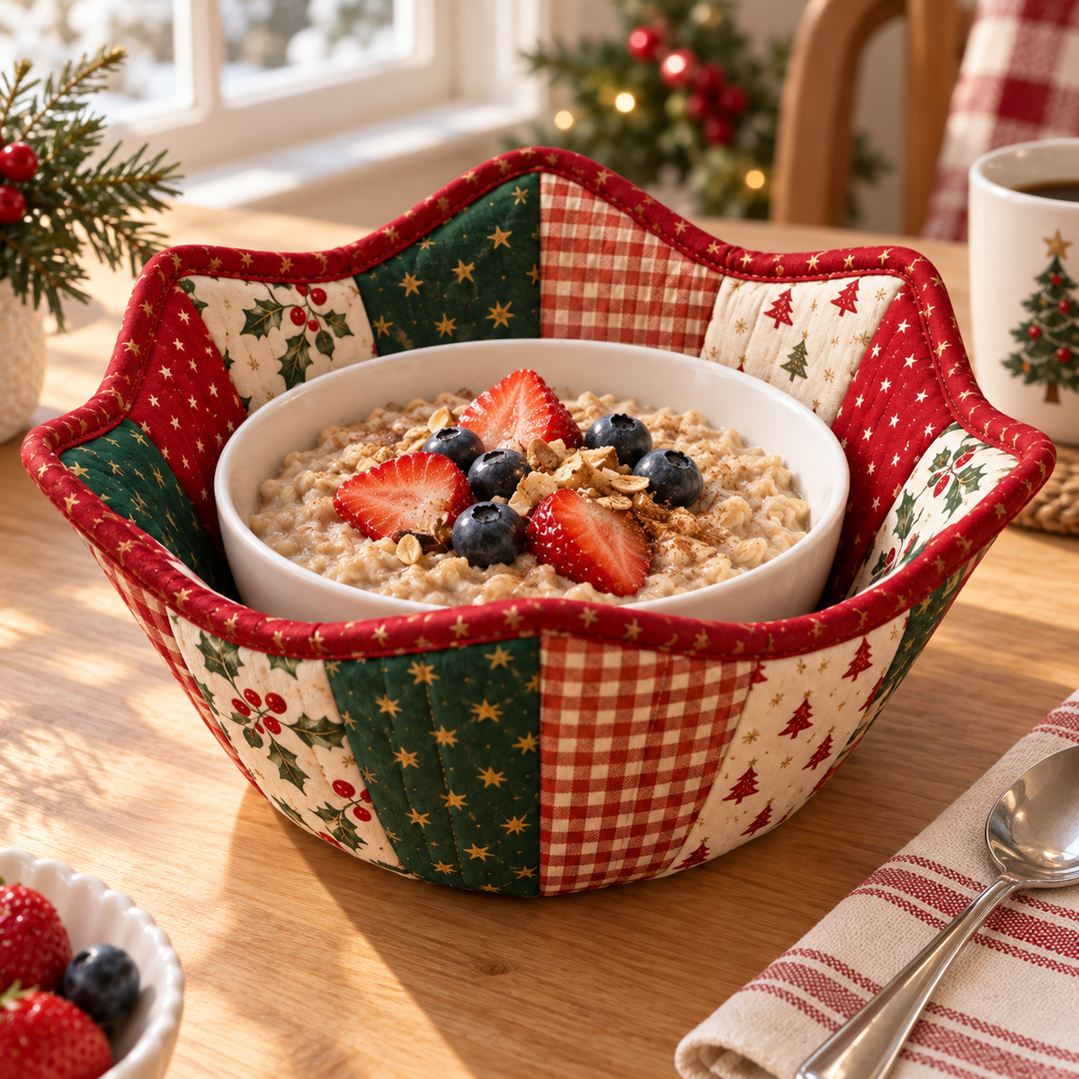 White ceramic breakfast bowl sitting inside the Holly Hearth patchwork bowl cozy
