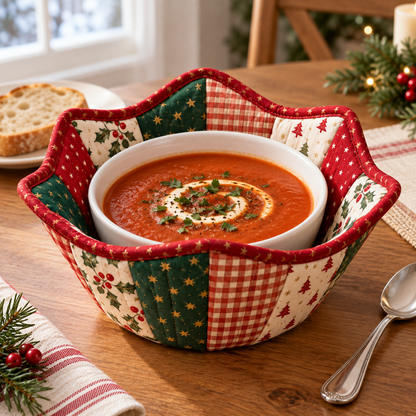 White ceramic soup bowl inside the Holly Hearth Christmas bowl cozy on a winter lunch table