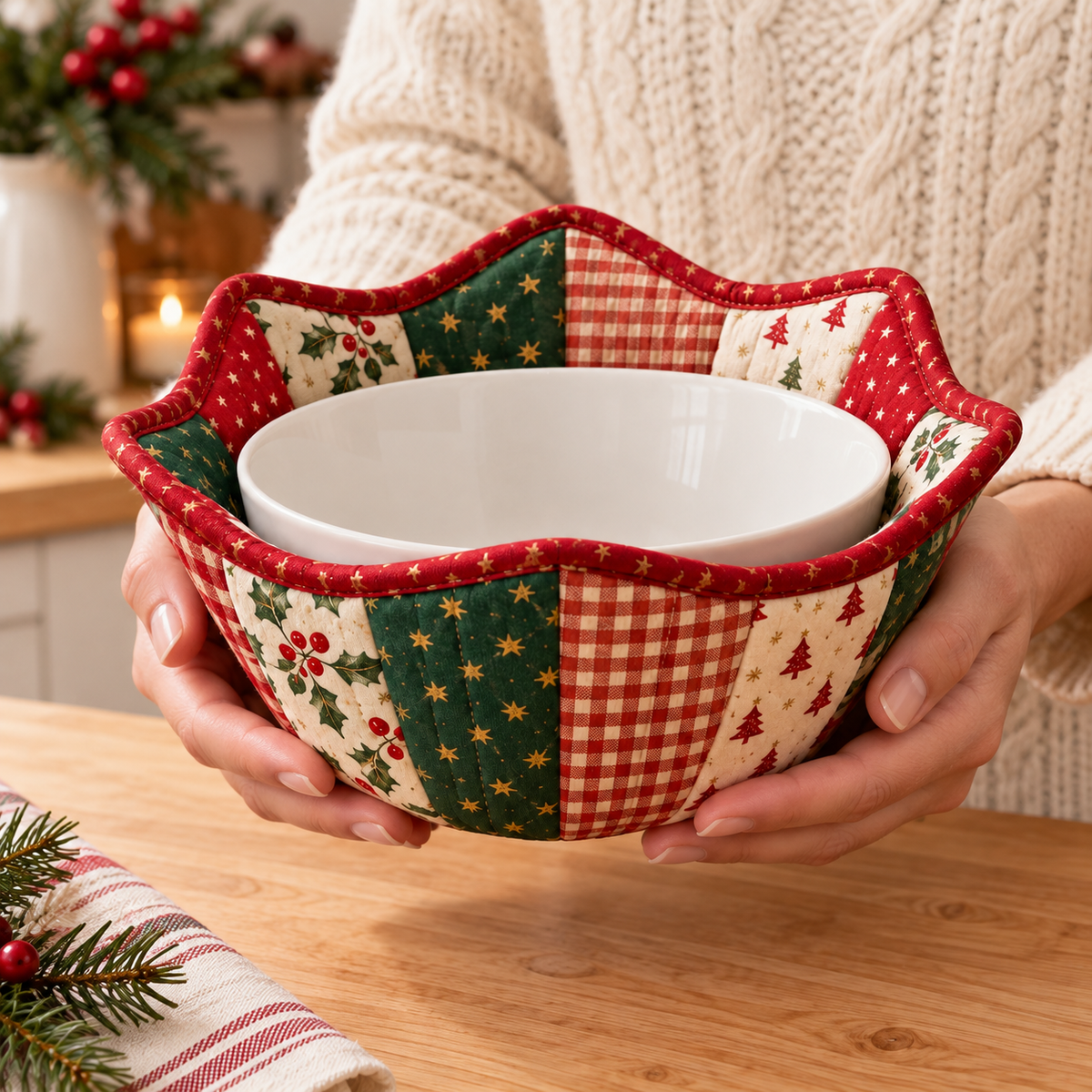 Hands holding the Holly Hearth patchwork bowl cozy around a white ceramic bowl